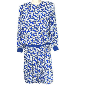 Vintage Henry Lee Pleated Blouson Dress Women Size 14 Blue White Floral Long Slv